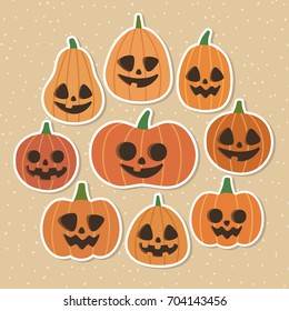 Cute vector set with Halloween pumpkins. Smiling and funny cartoon characters illustration. Isolated icons, stickers