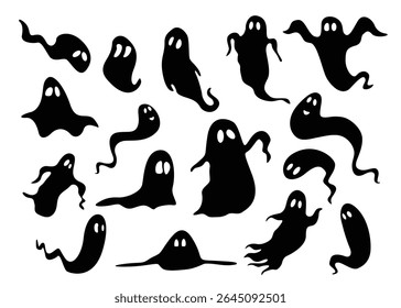 Cute vector set of Halloween silhouette elements. Collection of ghost, spirit. Halloween decorations Isolated holiday icons for festival, stickers, postcards. Decorative elements for celebrating