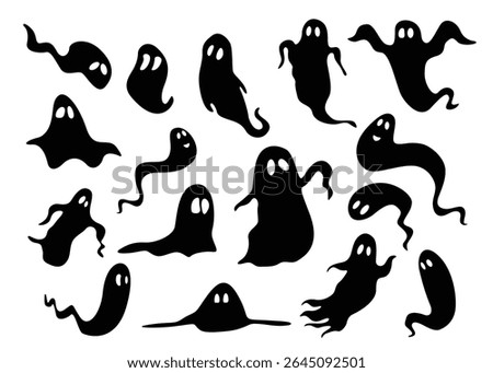 Cute vector set of Halloween silhouette elements. Collection of ghost, spirit. Halloween decorations Isolated holiday icons for festival, stickers, postcards. Decorative elements for celebrating