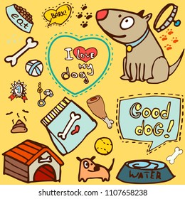 Cute vector set with hand drawn isolated doodles of dogs and their stuff. For use in design, web site, packing, textile, fabric.