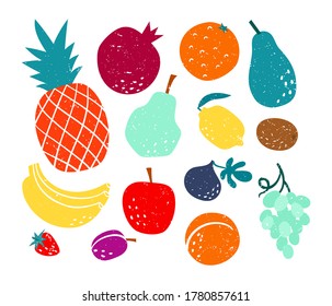 Cute vector set of hand drawn stylized fresh fruits in print flat style used for kitchen, cafe stuff, web page, surface textures. Eat local organic products.