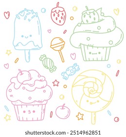 cute vector set of hand drawn cartoon sweets, bright set of candy and ice cream