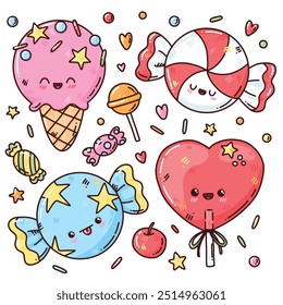 cute vector set of hand drawn cartoon sweets, bright set of candy and icecream