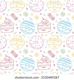 cute vector set of hand drawn cartoon seamless pattern with sweets, bright background of candy and ice cream