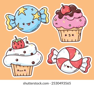 cute vector set of hand drawn cartoon sweets, bright set of candy and ice cream