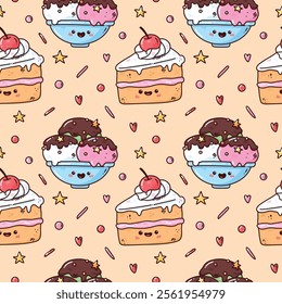 cute vector set of hand drawn cartoon seamless pattern with sweets, bright background of cake and ice cream