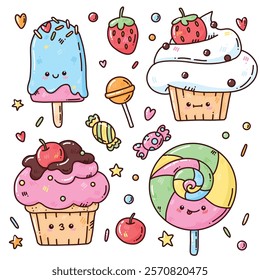 cute vector set of hand drawn cartoon sweets, bright set of candy and icecream