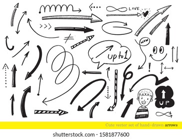 cute vector set of hand-drawn arrows,
doodle arrows for graphic and web design