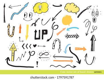 cute vector set of hand-drawn arrows,Hand drawn set of speech bubbles with handwritten,
doodle arrows for graphic and web design