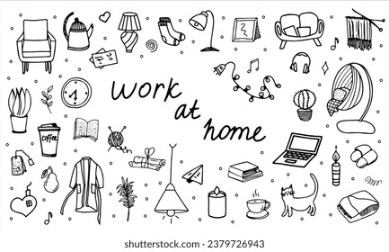 Cute vector set of hand-drawn doodles about work at home, hobbies. Doodle icons, house elements, cliparts, sketches, template. Isolated on a white background.