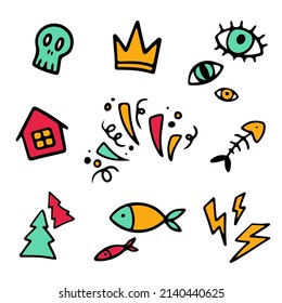 Cute vector set of handsketched ink doodles. Sketchy cartoon objects, decorative elements template collection for concept design.