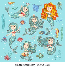 Cute vector set with happy mermaids. Cartoon illustration.