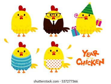 Cute Vector Set of Happy,Yellow Chicken Character in Different Outfit for The Year of The Chicken.