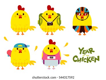 Cute Vector Set of Happy,Yellow Chicken Character in Different Outfit, isolated on White Background, for The Year of The Chicken.