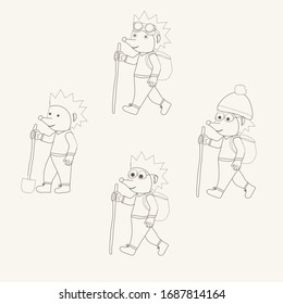 Cute vector set with hedgehogs traveler in outline style. Animal illustration. Character hedgehog carries a bag on the straps behind his back. 