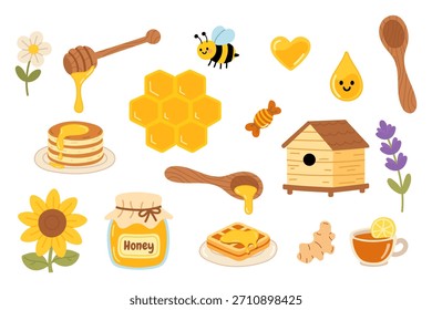 Cute vector set with honey, bee, hive, honeycomb, flowers, pancakes, waffle, spoon and tea. Perfect for food design, kids decor, stickers, packaging and sweet themed illustrations.