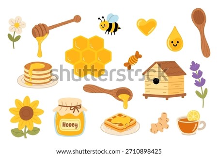 Cute vector set with honey, bee, hive, honeycomb, flowers, pancakes, waffle, spoon and tea. Perfect for food design, kids decor, stickers, packaging and sweet themed illustrations.