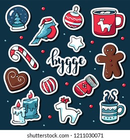 Cute Vector Set Of Hygge Stickers. Cute Illustration Winter And Christmas Hygge Elements. Scandinavian Style With Hygge Lettering.