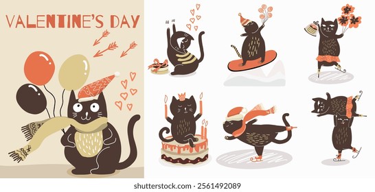 Cute vector set with illustration with cute hand drawn cats for Valentine's Day. Funny cats with hearts busy expressing their love. Festive inspiration for valentine's day.