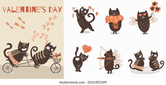 Cute vector set with illustration with cute hand drawn cats for Valentine's Day. Funny cats with hearts busy expressing their love. Festive inspiration for valentine's day.