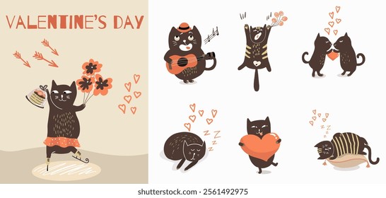 Cute vector set with illustration with cute hand drawn cats for Valentine's Day. Funny cats with hearts busy expressing their love. Festive inspiration for valentine's day.