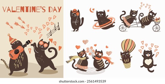 Cute vector set with illustration with cute hand drawn cats for Valentine's Day. Funny cats with hearts busy expressing their love. Festive inspiration for valentine's day.