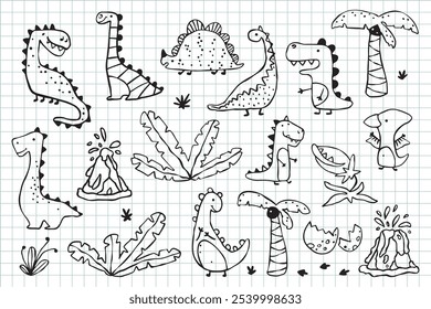 Vetor bonito conjunto ilustração de dinossauros desenhados à mão, ovo quebrado, e plantas tropicais em um estilo de esboço de doodle simples. Desenhos com marcadores infantis em um plano de fundo de papel de grade para notebook, para desenhos infantis
