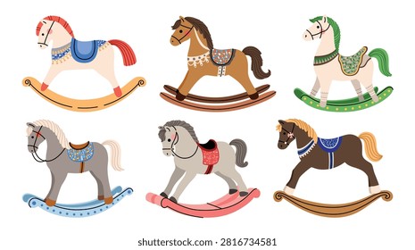 Cute vector set of illustrations of children's toys rocking horses in cartoon linear style. Different types of gift horses and ponies with saddle and headbands bright decoration in different colours. Childhood, bauble, play, fun. Collection for creating designs. All elements isolated.