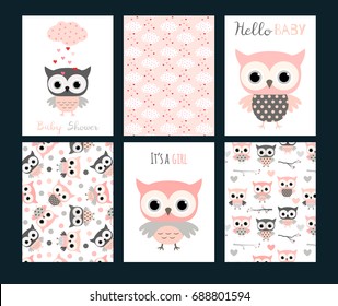 Cute vector set with invitation templates or greeting cards for baby girl showers and birthday parties for girls