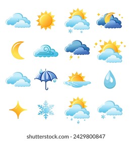 Cute vector set of isolated weather app icon with cloud, sun, snow, rain, lightning, moon and star. Interface elements in flat design. Minimal cartoon illustration for web banner and greeting card