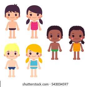 Cute Vector set of Kids, Girls and Boys in Swim Suit isolated on White Background