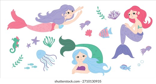 Lindo Vector en un estilo infantil con tres sirenas. Perfecto para los diseños de los niños, pegatinas. 