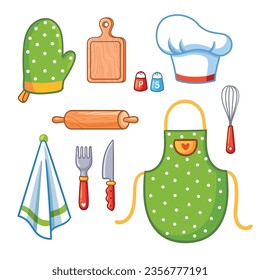 Conjunto vectorial de utensilios de cocina, electrodomésticos y prendas de protección. Utensilios de cocina al estilo de las caricaturas. Tema de cocina.