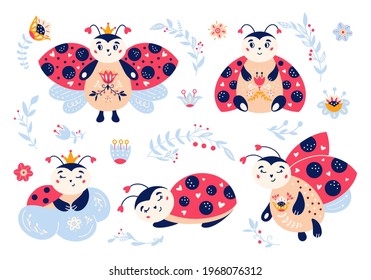 Cute cartoon ladybug vector set. Ladybird. Red bug characters and floral elements. Cute spring and summer insects. Isolated on white background. 