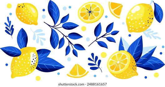 Cute vector set of lemon pattern in yellow and blue colors. Tropical fruit slice, fresh green leaves, yellow lemons on a blue background.