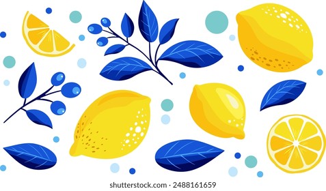 Cute vector set of lemon pattern in yellow and blue colors. Tropical fruit slice, fresh green leaves, yellow lemons on a blue background.