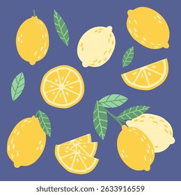 Cute vector set of lemon in yellow and blue colors. Tropical fruit slice, fresh green leaves, yellow lemons on a blue background.