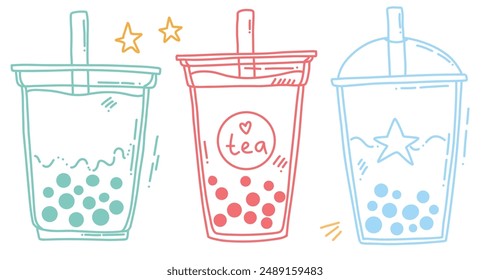 cute vector set of line bibble tea, fun elements, doodles for menu, prints or cafe