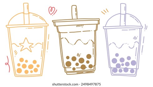 cute vector set of line bubble tea, fun elements, doodles for menu, prints or cafe