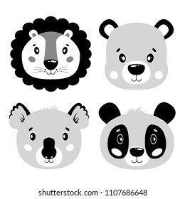 Cute vector set lion, panda, bear, koala face. One object on a white background. Cartoon illustration Scandinavian style