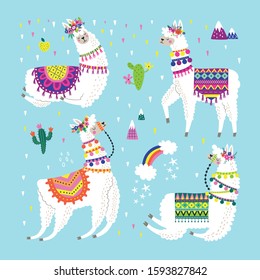 Cute vector set with llama, cactus, rainbow and hand drawn elements for design. Childish print for t-shirt, apparel, cards and nursery decoration. Vector Illustration

