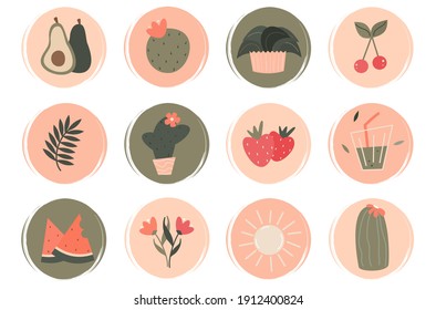 cute Vector set of logo design templates, icons and badges for social media highlight in bohemian style with flowers, plants, fruits, juice and other elements