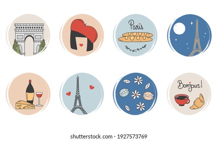 cute Vector set of logo design templates, icons and badges for social media highlight with parisian elements