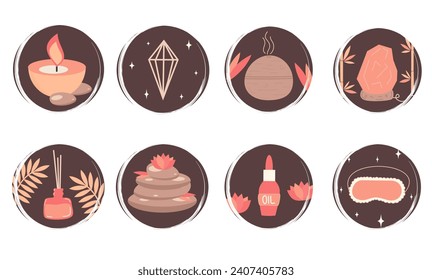 Cute Vector set of logo design templates, icons and badges for social media instagram highlights covers with aromatherapy elements like oil, candles, lotus flowers, salt lamp, diffuser oil and other 