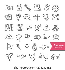 Cute vector set of love and romantic hand drawn icons. Sketched wedding elements, hearts, objects for valentine cards and save the date cards