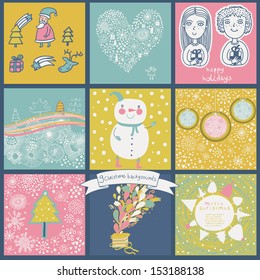 Cute vector set of nine christmas cards. Funny retro new year card Christmas set with snowman, children, balls, trees, gifts, deer, star, Santa Clays, snowflakes. Collection of vintage illustrations
