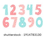 Cute vector set with numbers. Hand drawn illustration in pastel blue pink colour. Doodle and cartoon style. Perfect for happy birthday design in childish style. Baby girl birthday concept