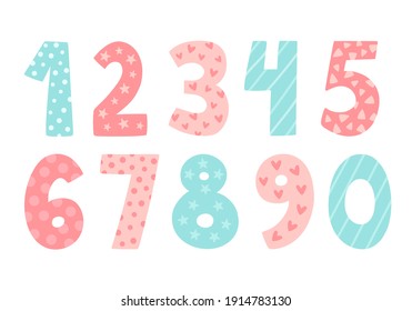 Cute vector set with numbers. Hand drawn illustration in pastel blue pink colour. Doodle and cartoon style. Perfect for happy birthday design in childish style. Baby girl birthday concept