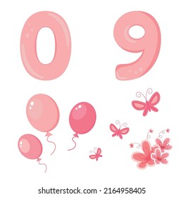 Cute vector set with numbers. Hand drawn illustration in pastel blue pink colour. Doodle and cartoon style. Perfect for happy birthday design in childish style. Baby girl birthday concept