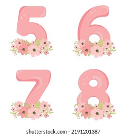 Cute vector set with numbers. Hand drawn illustration in pastel blue pink colour. Doodle and cartoon style. Perfect for happy birthday design in childish style. Baby girl birthday concept